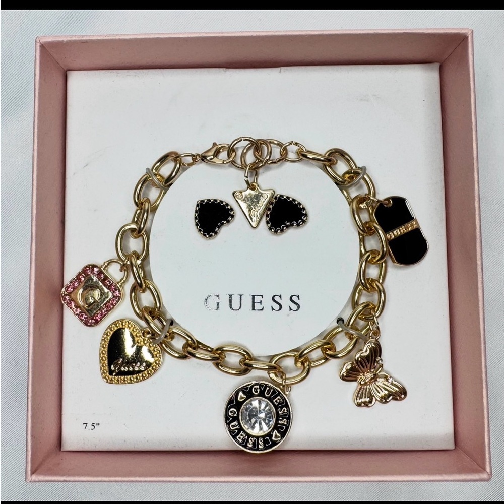 Guess Gold-Tone Charm Bracelet and Stud Earrings - Black & Pink Accents 7.5”